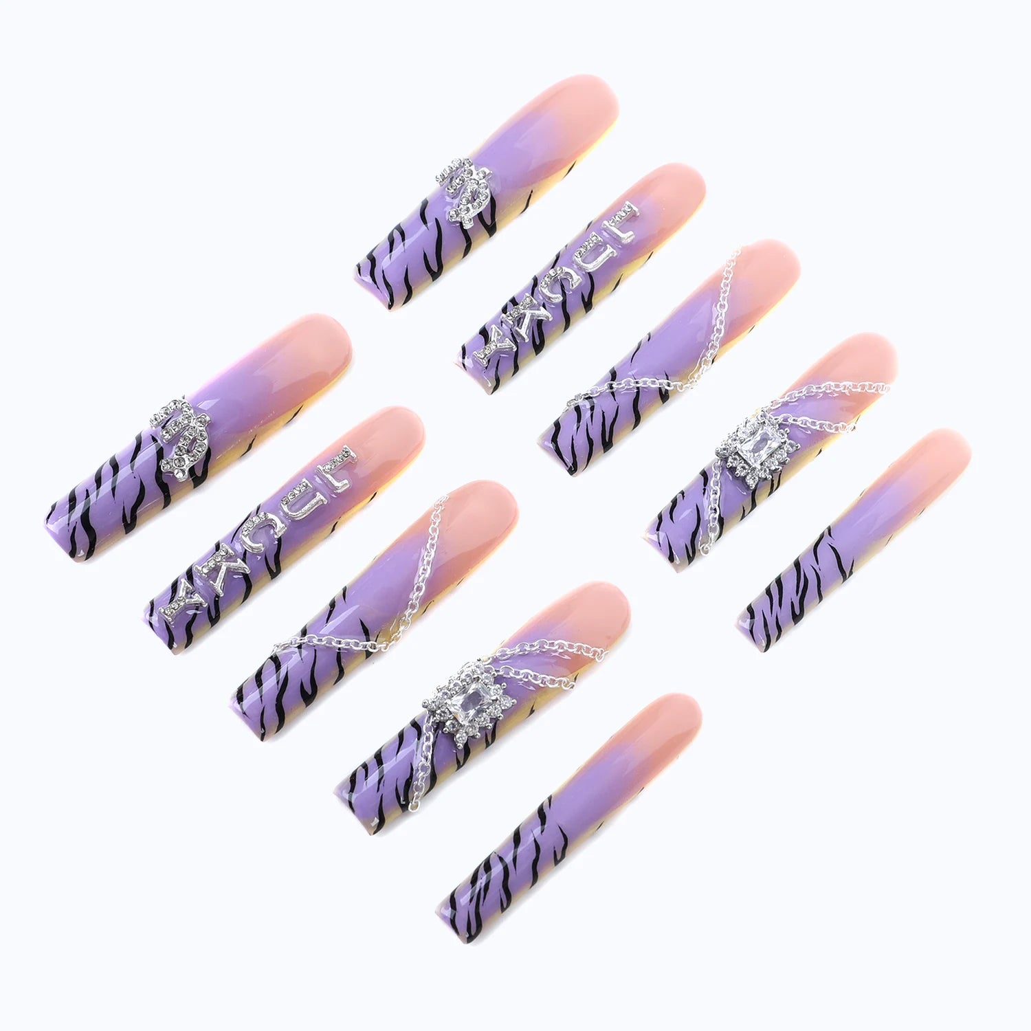 Purple with black stripes 3D acrylic nails.