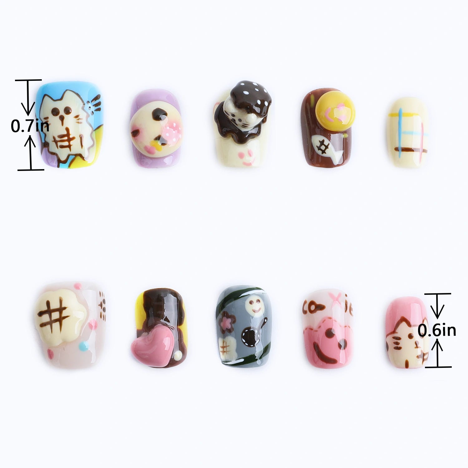 Length measurements for pastel color 3d cat and cute characters nail art designs
