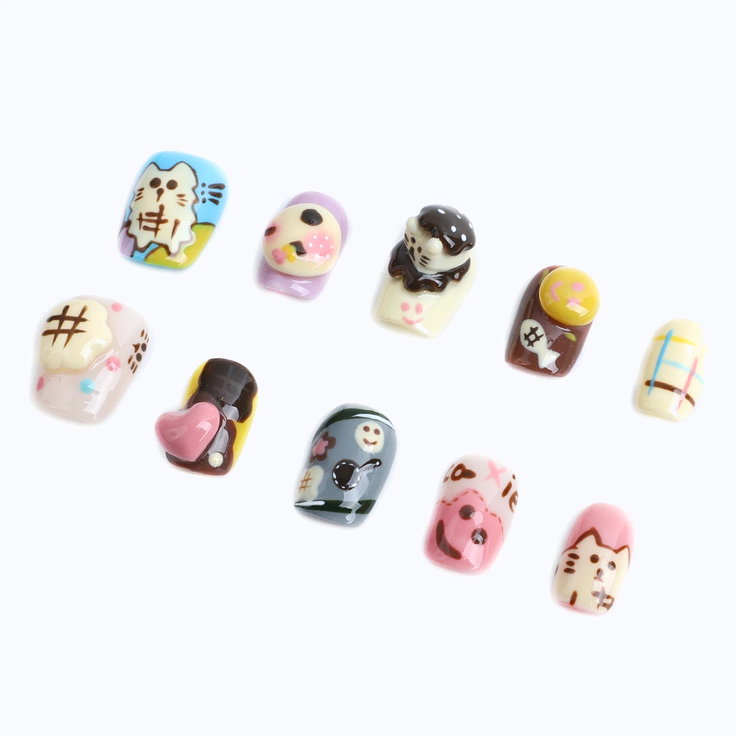 Embrace your love for cute and quirky characters with this adorable 3D cat and character-themed press-on nails