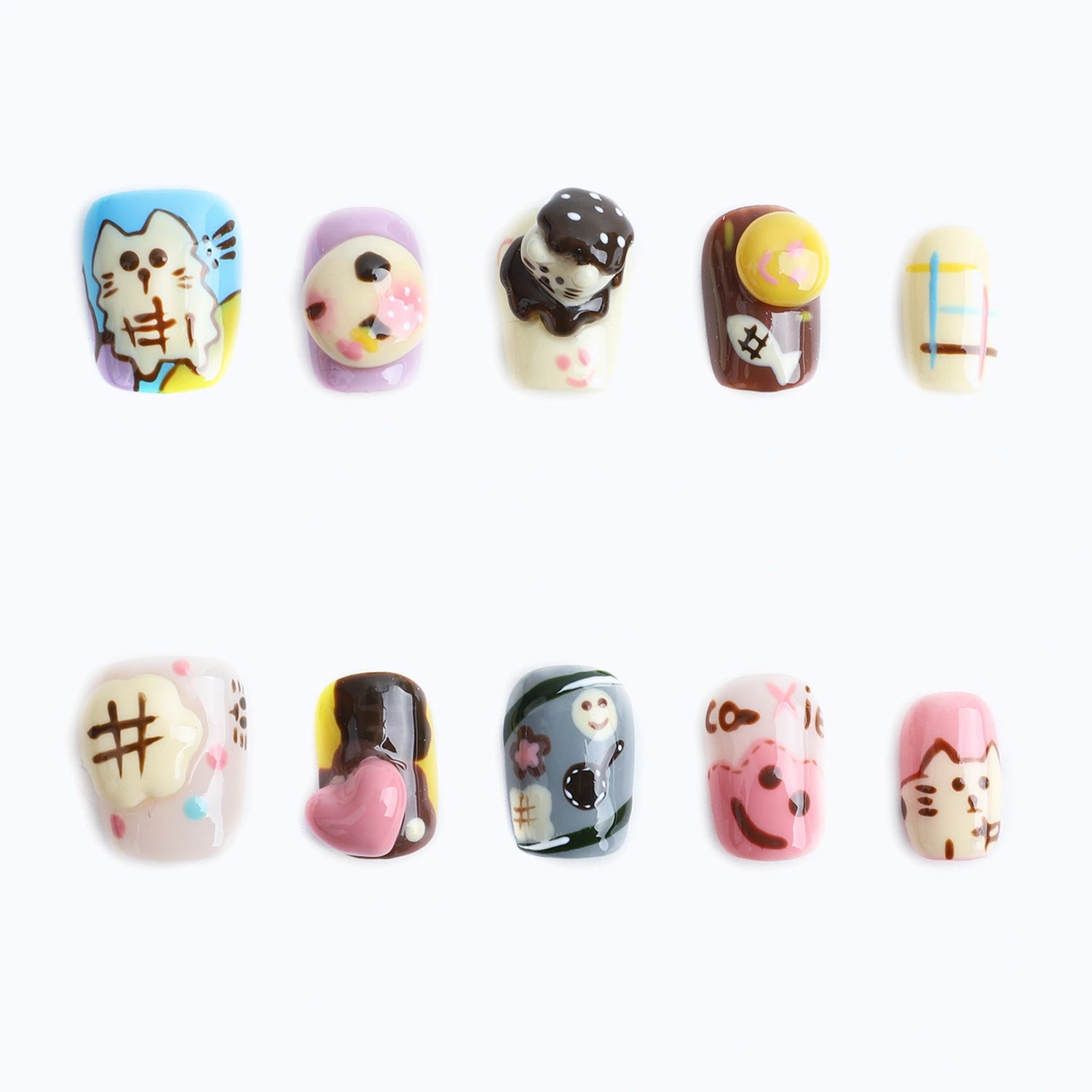 10 pcs Pastel color 3d cat and cute characters nail art designs display