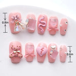 Length Measurement for Pink Candy Nails Short Coffin with Rhinestones and Bear Decoration