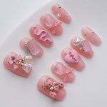 Pink Candy Nails Short Coffin with Rhinestones and Bear Decoration