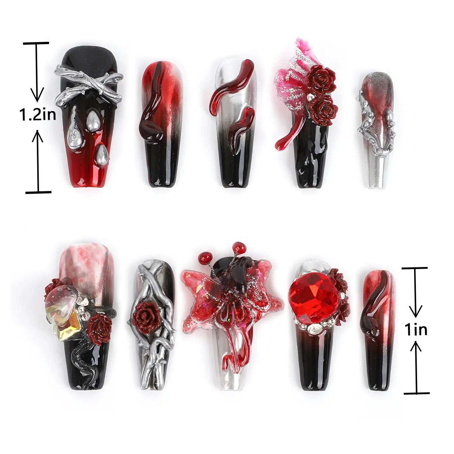 Length Measurements for Press on Nails Coffin Shaped Nails Designs with Rhinestones