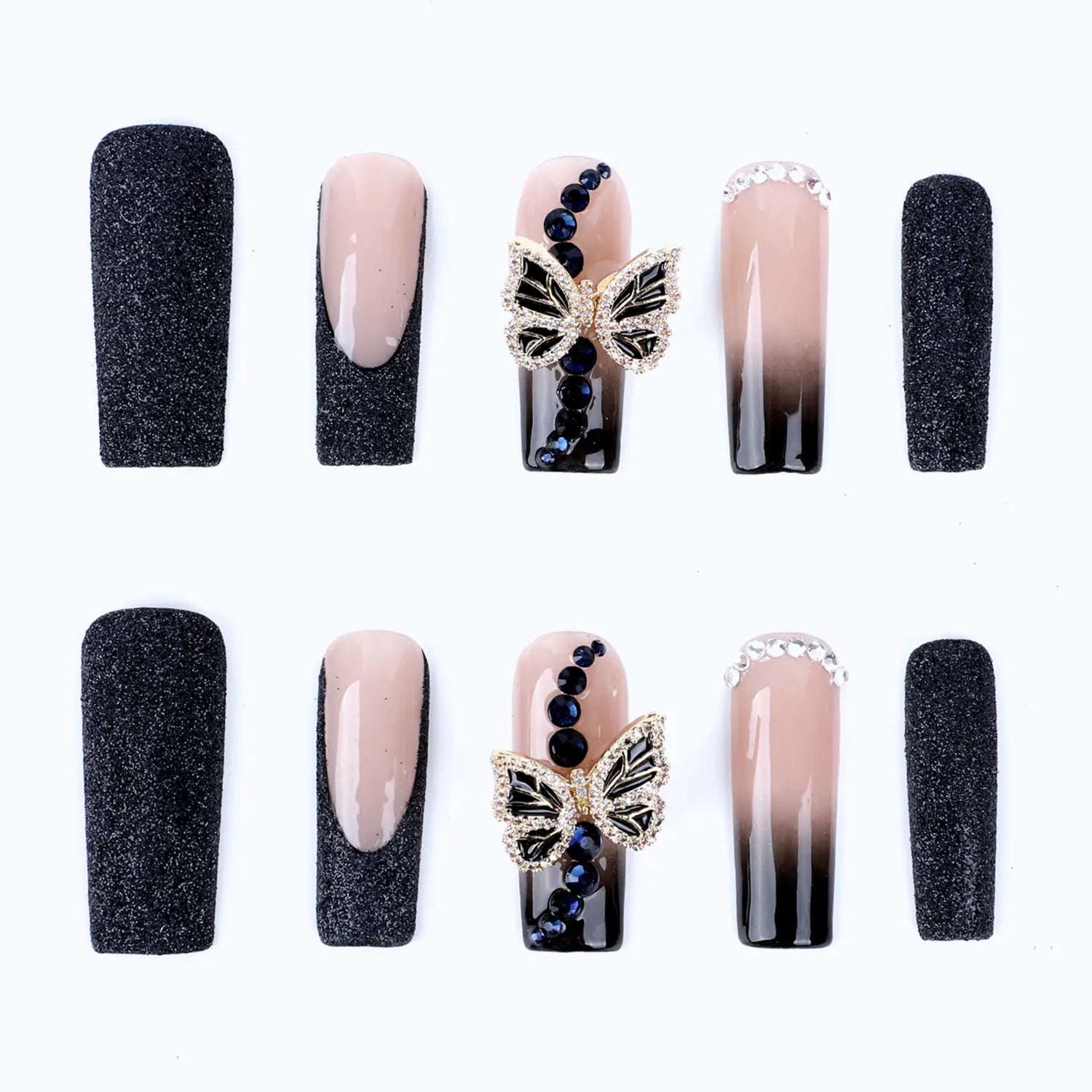 Press on nails french tip black ombre fake nails rhinestone butterfly