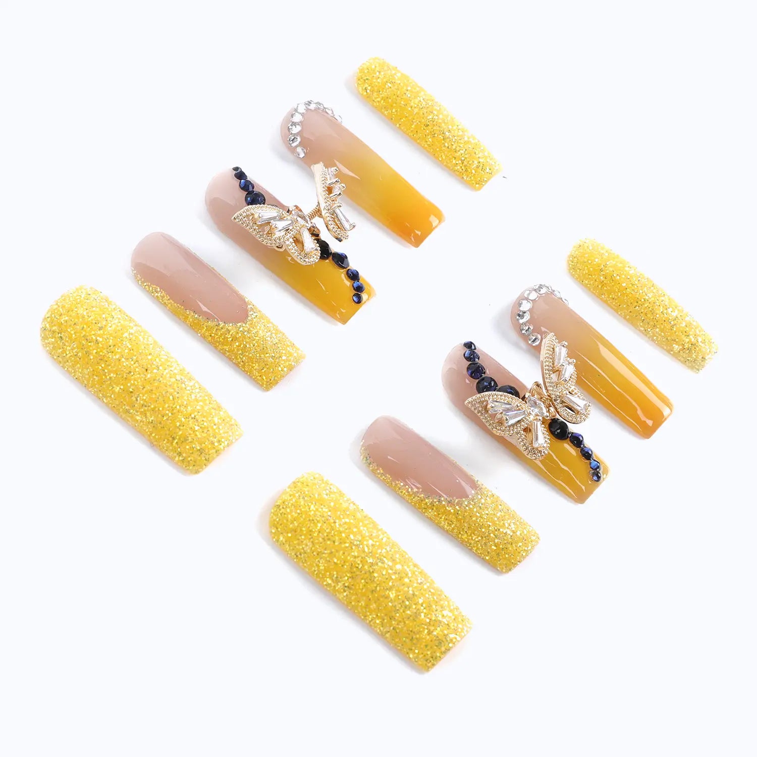 Press on nails glossy yellow french with 3D bow design