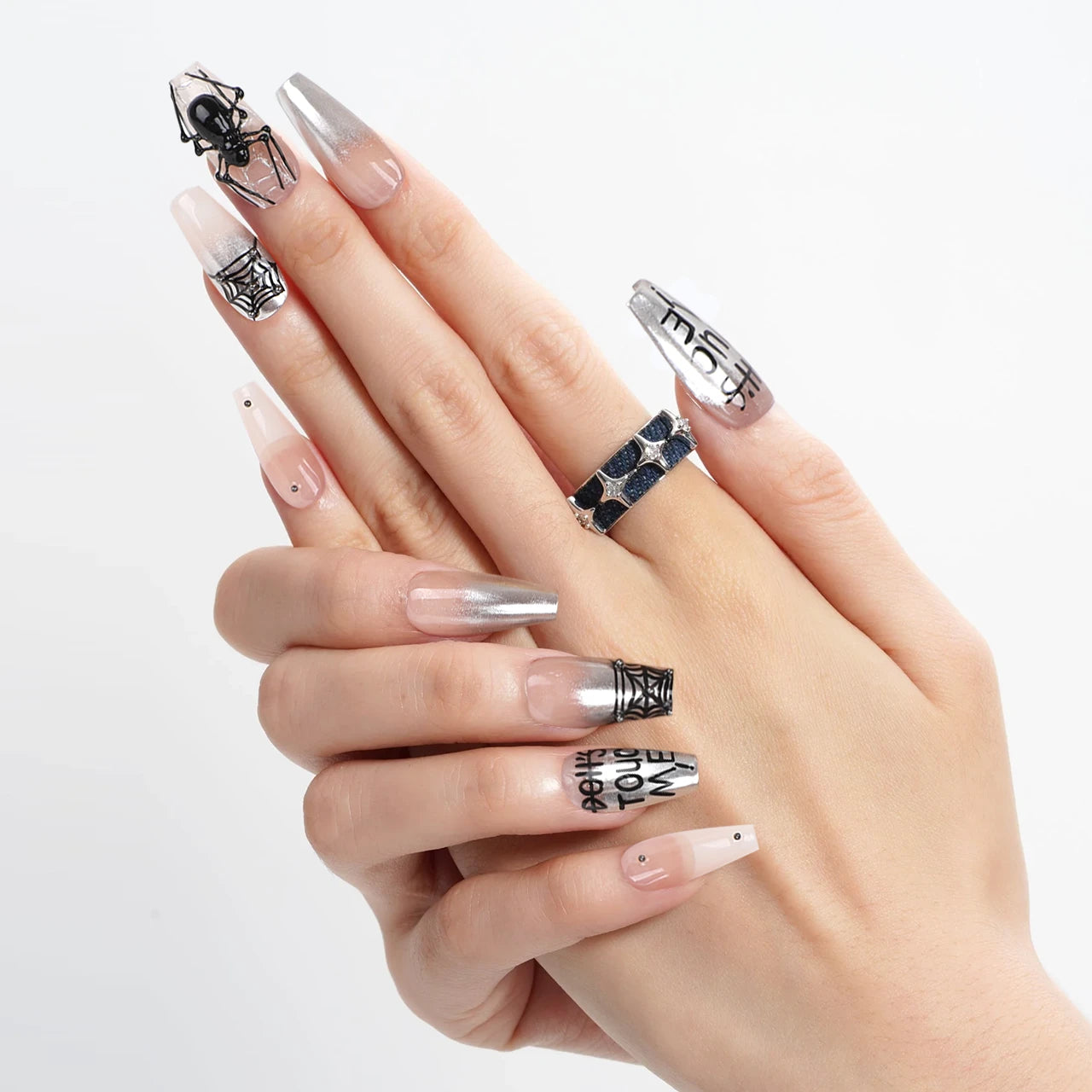 Press on nails medium coffin gloss with spider web hand wearing effect