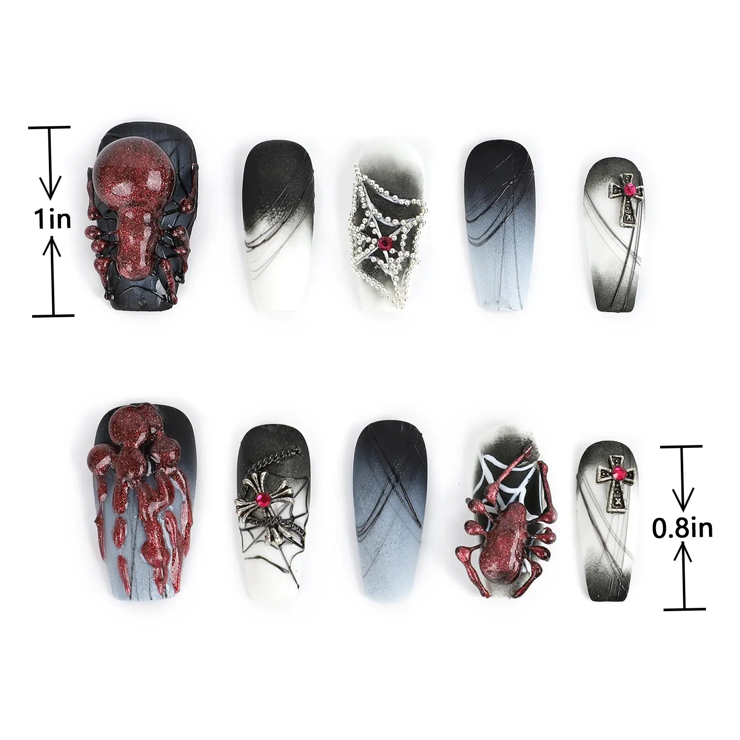 Length Measurements for Press on Nails Medium Coffin Matte Black Nails with Spider