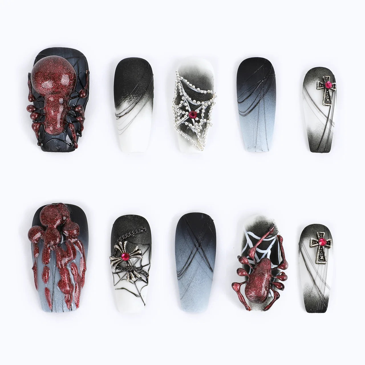 Press on nails medium coffin matte black nails with spider