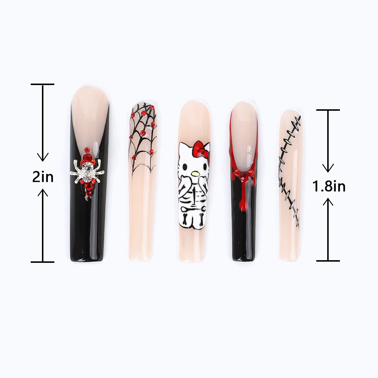 Press on nails square long nude pink and black halloween nails length