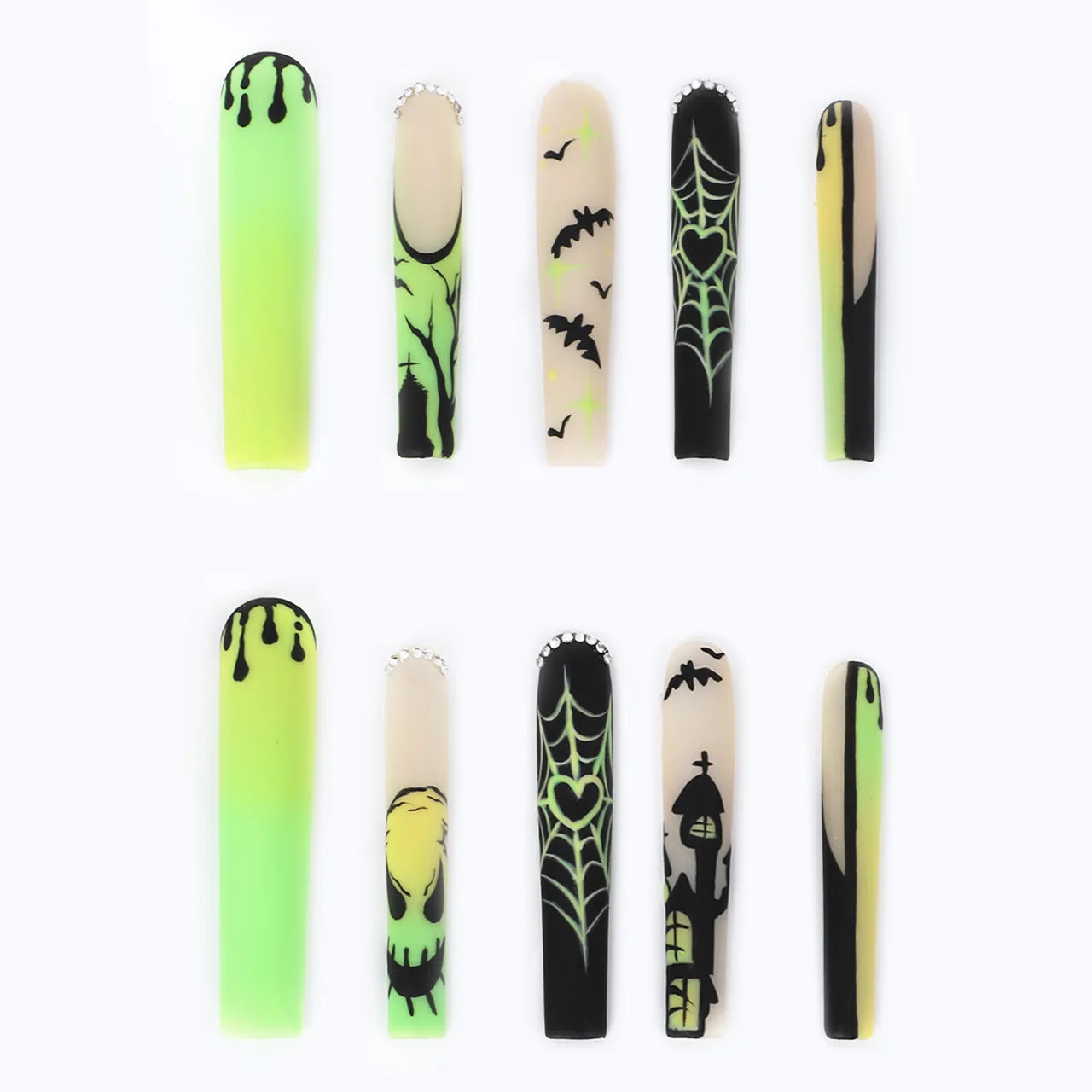 Pretty long square nails green night light oogie boogie nails