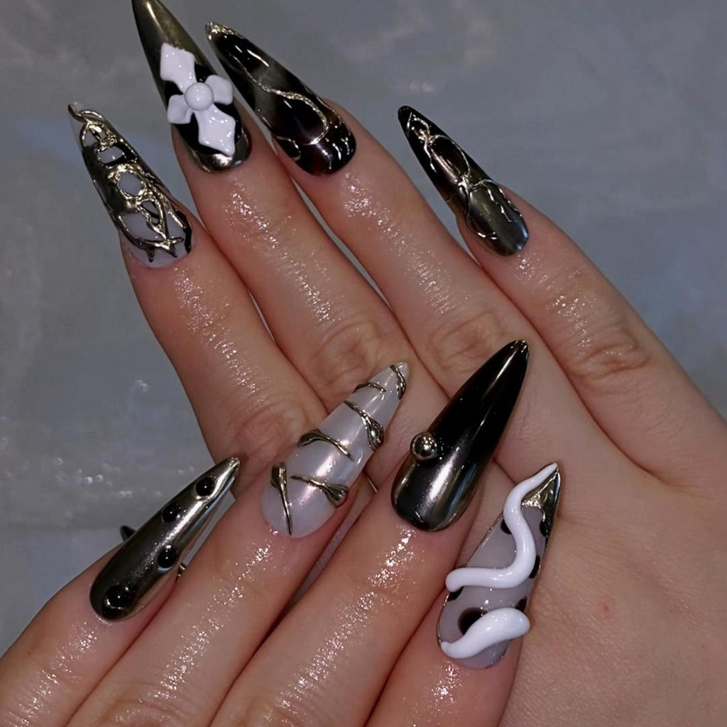 3d nails press on nails stiletto fake nails with silver chrome