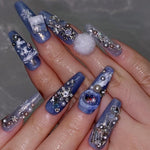 Medium coffin winter acrylic nails rhinestones with glitter