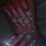 Long square fake nails french tips with design bow flower rhinestone