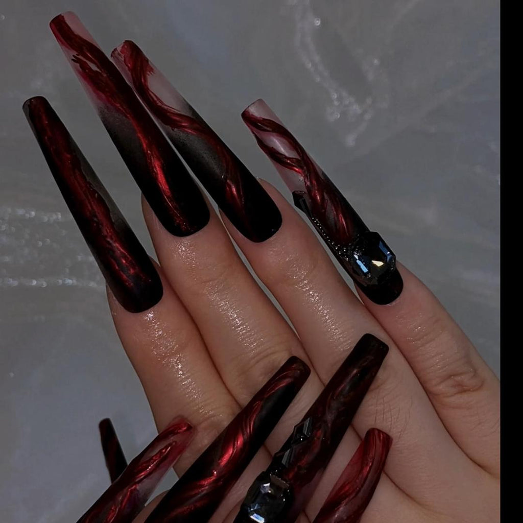 Press on nails long coffin nails black red matte nails with rhinestone