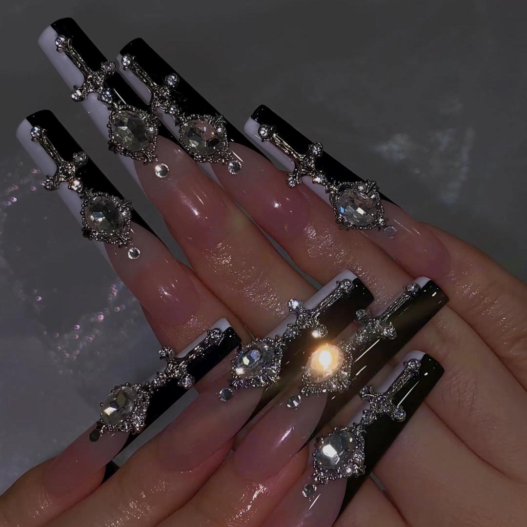 Press on nails long square pink black rhinestone 3D nails bling glossy video
