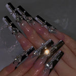 Press on nails long square pink black rhinestone 3D nails bling glossy video