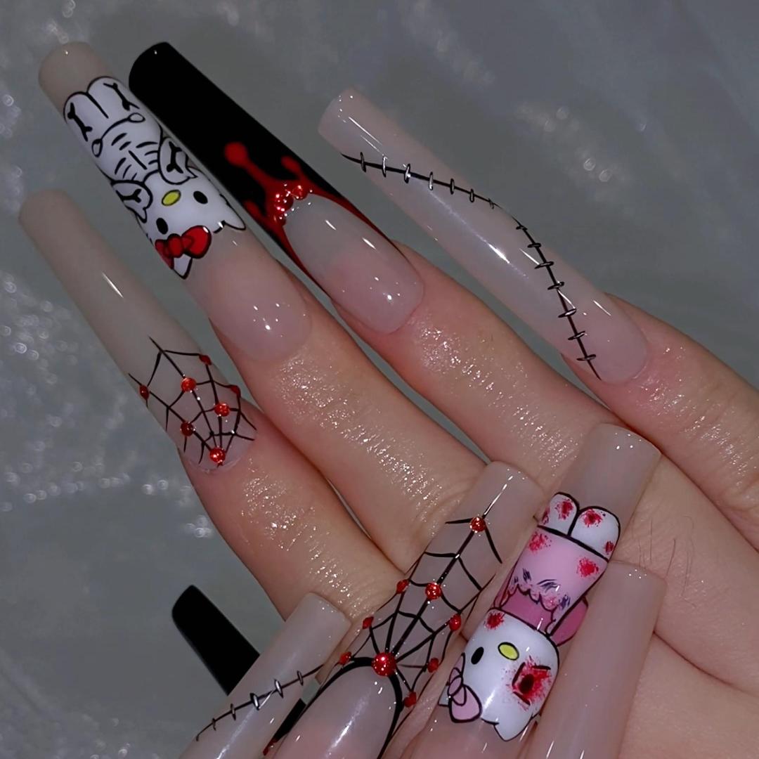 Press on nails square long nude pink and black halloween nails