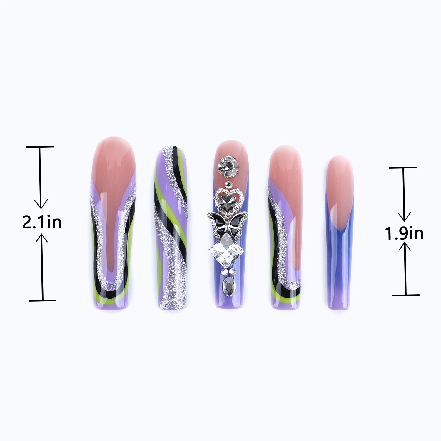 Purple Wave and Diamond Butterfly Long Coffin Press-On Nails Size