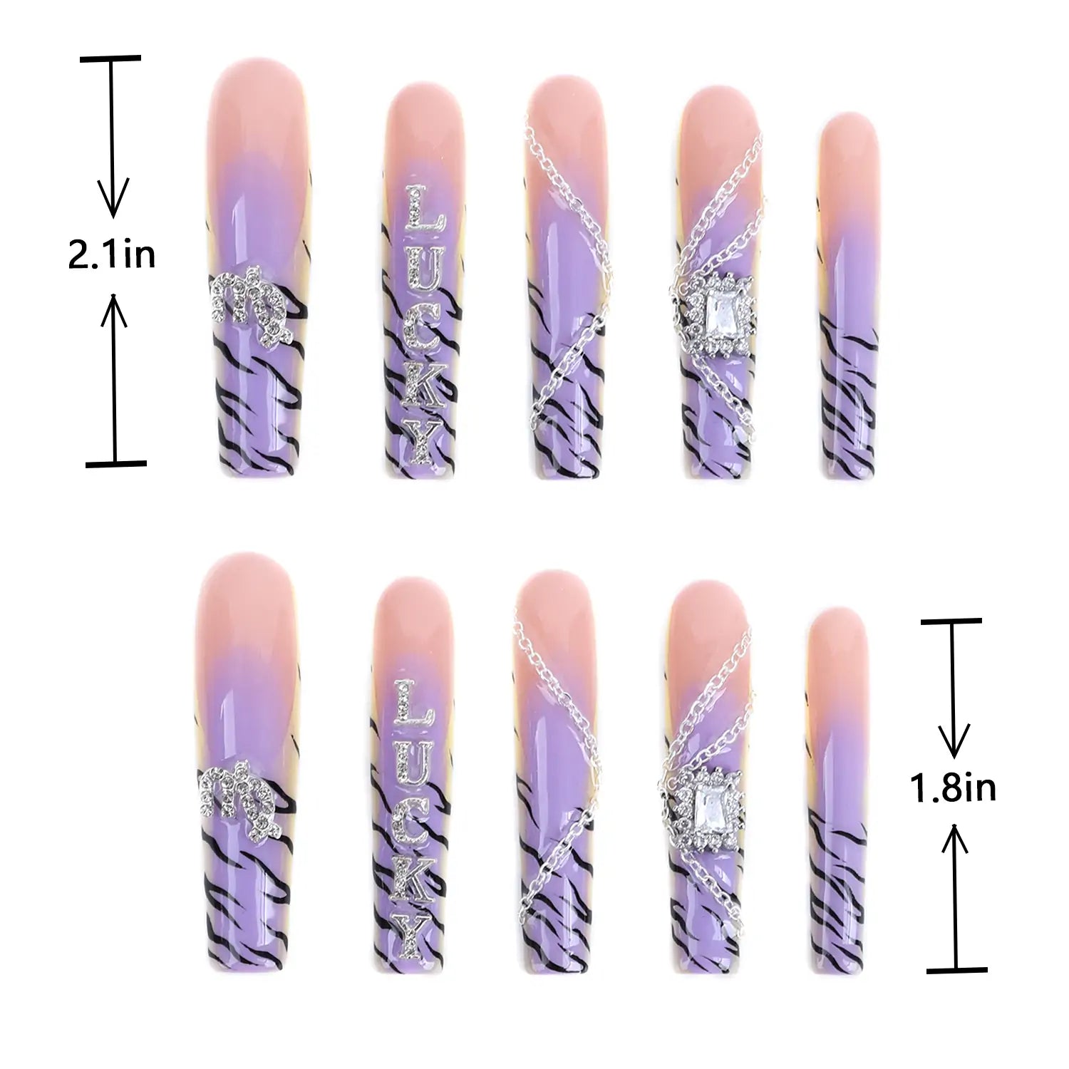 Length Measurements for Purple Wave and Diamond Butterfly Long Square Press-On Nails