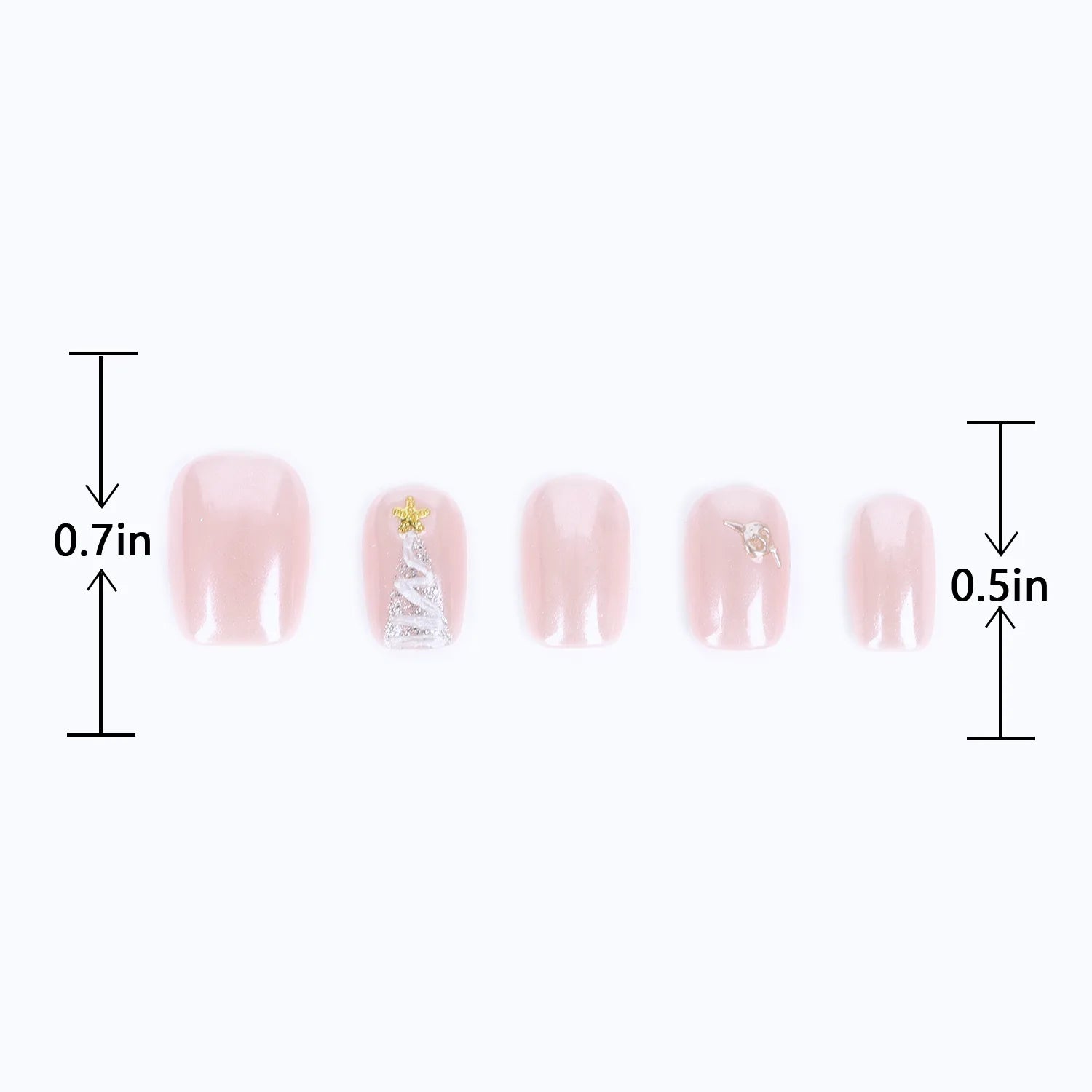 Size length of pearlescent pink nails with christmas tree