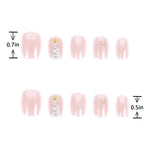 Glossy Pink Press on Nails Short Squoval with Christmas Tree length measurement chart showing length