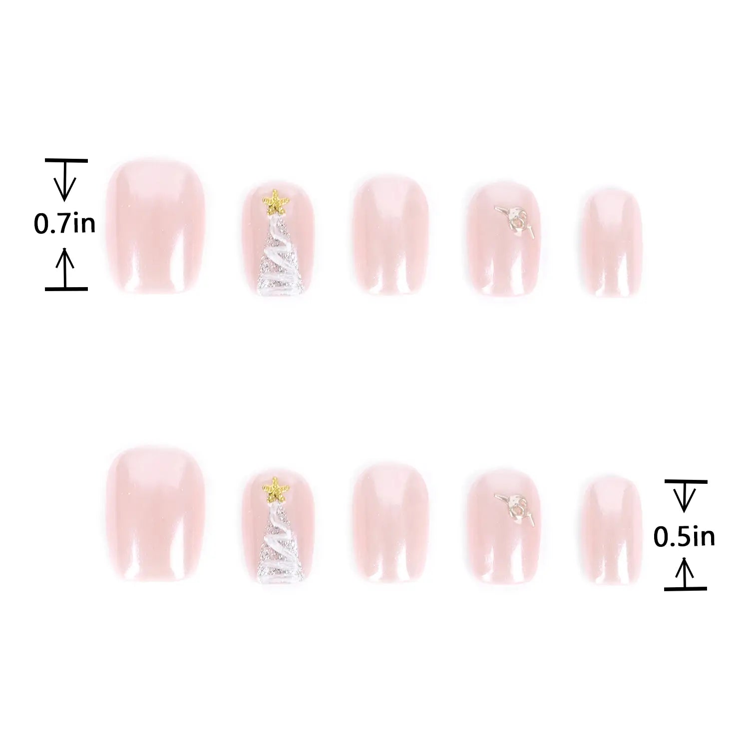 Glossy Pink Press on Nails Short Squoval with Christmas Tree length measurement chart showing length