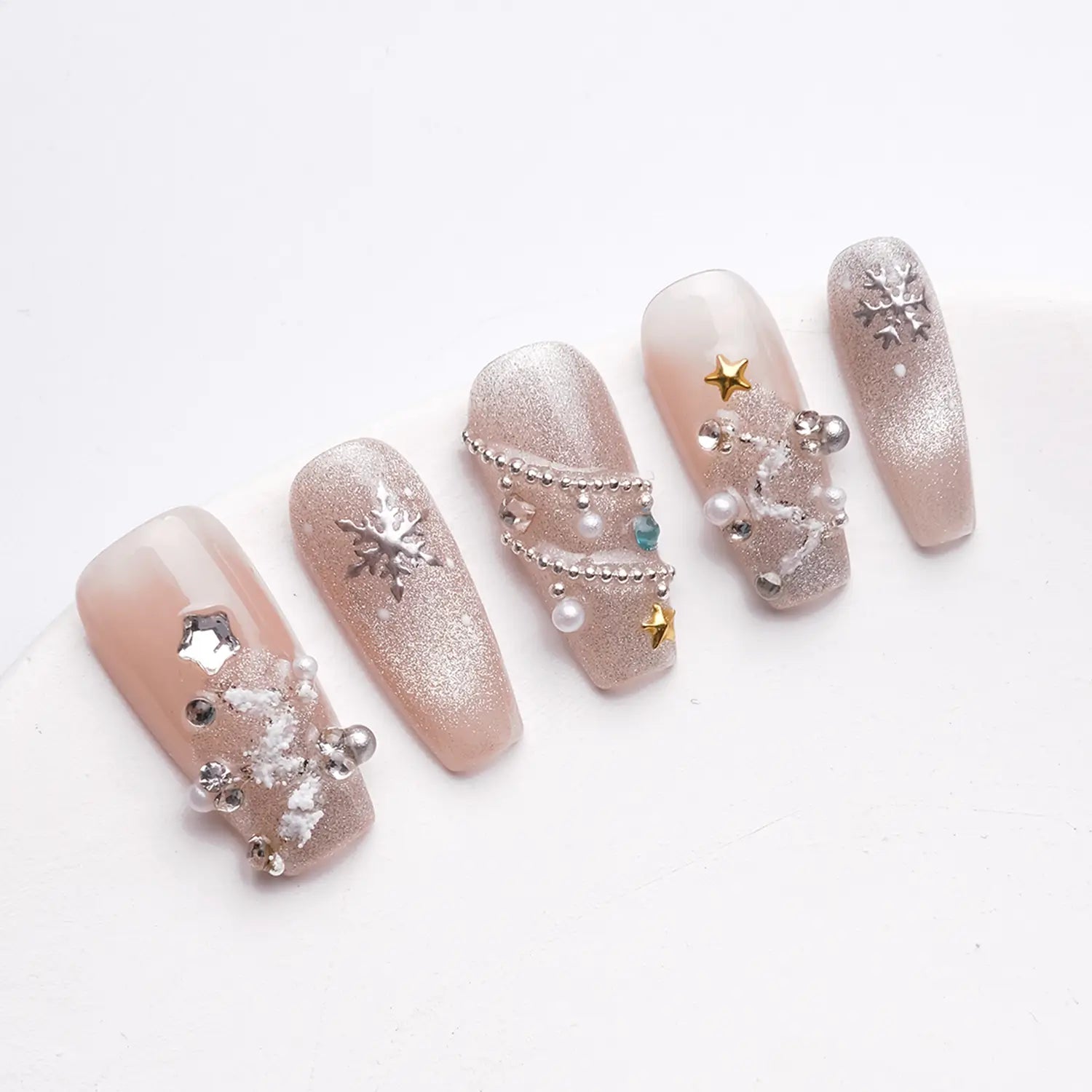 Soft pink long coffin nail with sequins