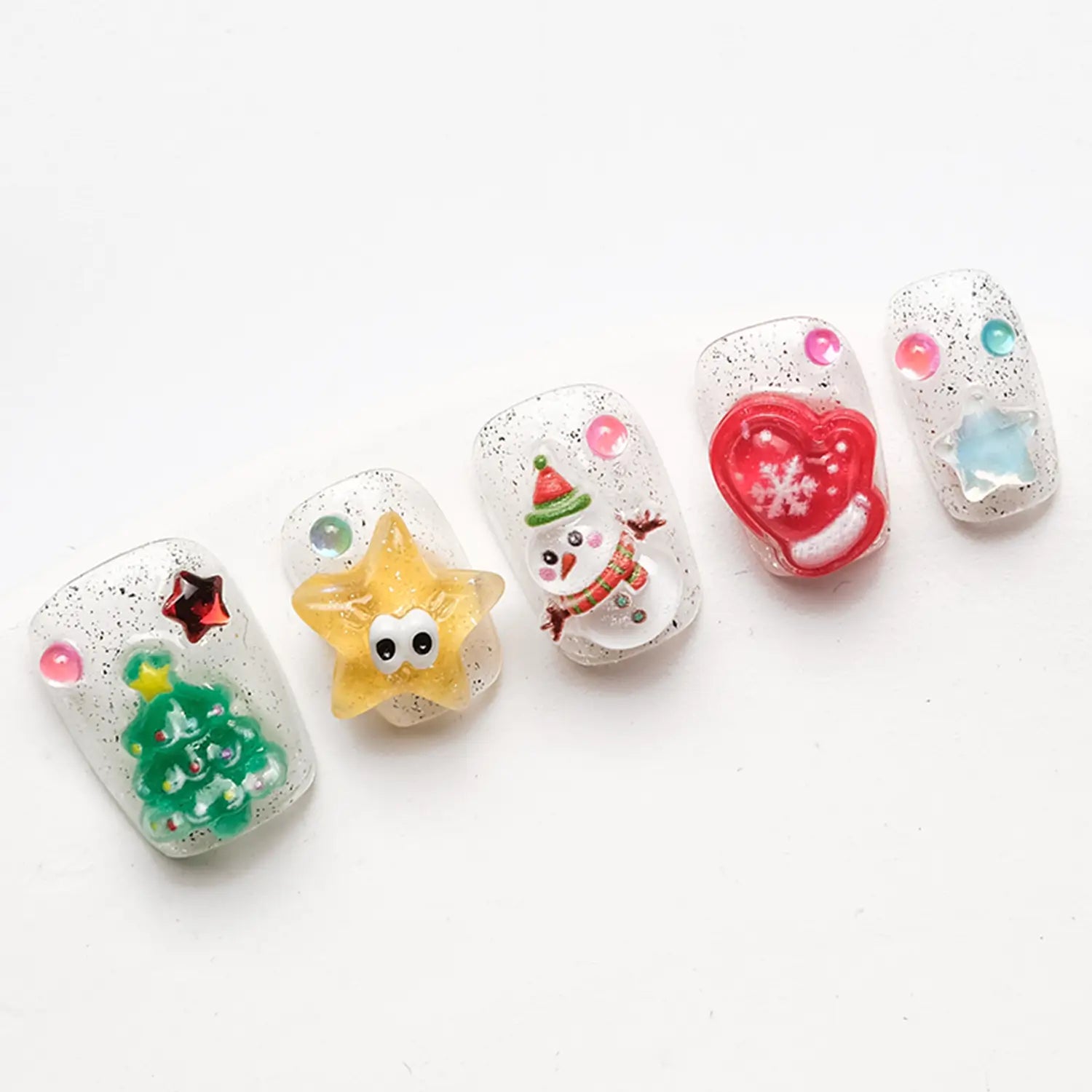 Sparkling press on nails with christmas tree star and snowman