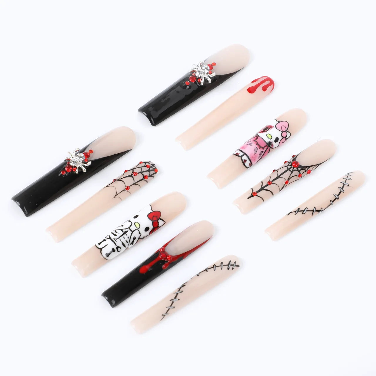 Square long nude fake nails with halloween hello kitty design