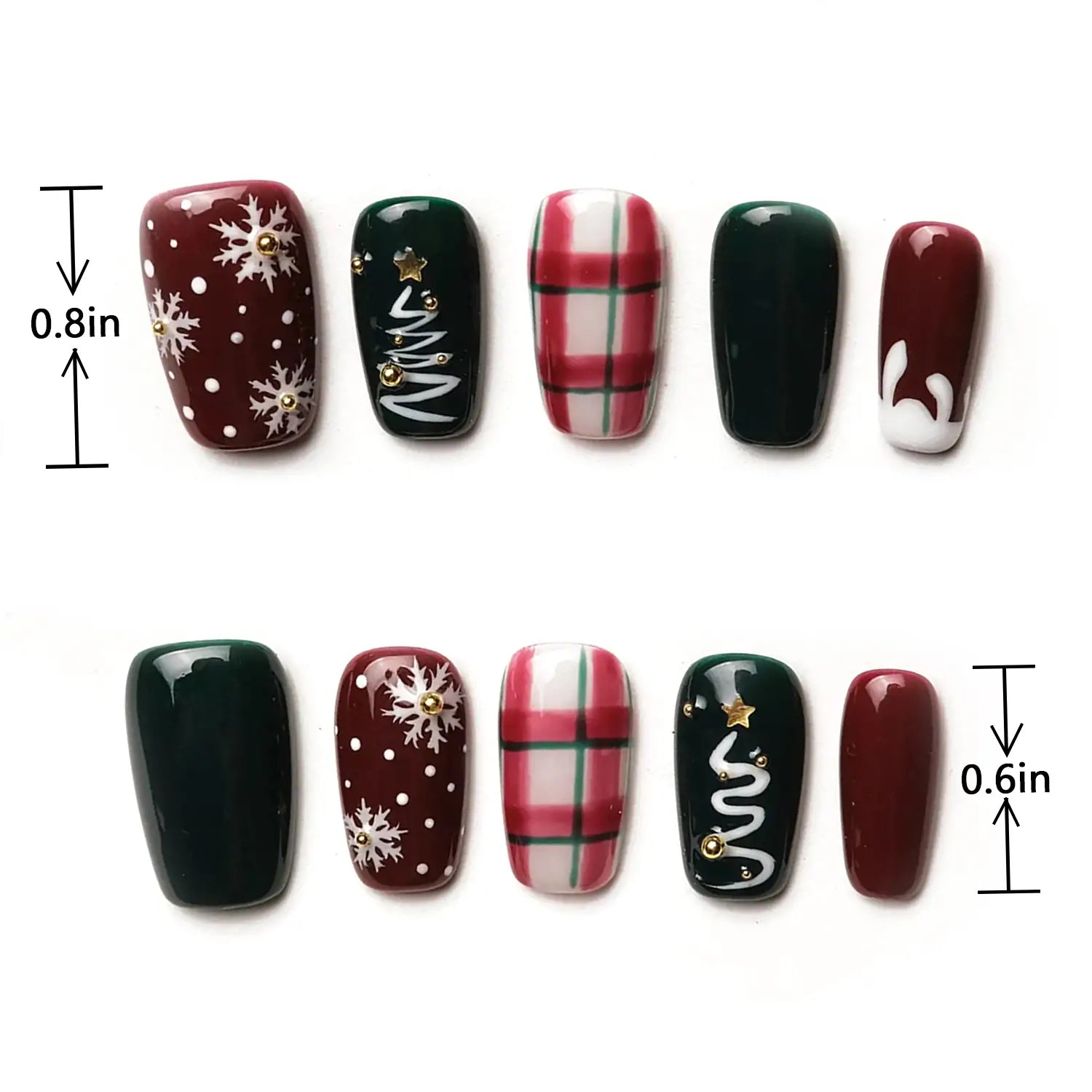 Length measurement chart of Christmas Press on Nails Short Squoval False Nails Red Green, showing length