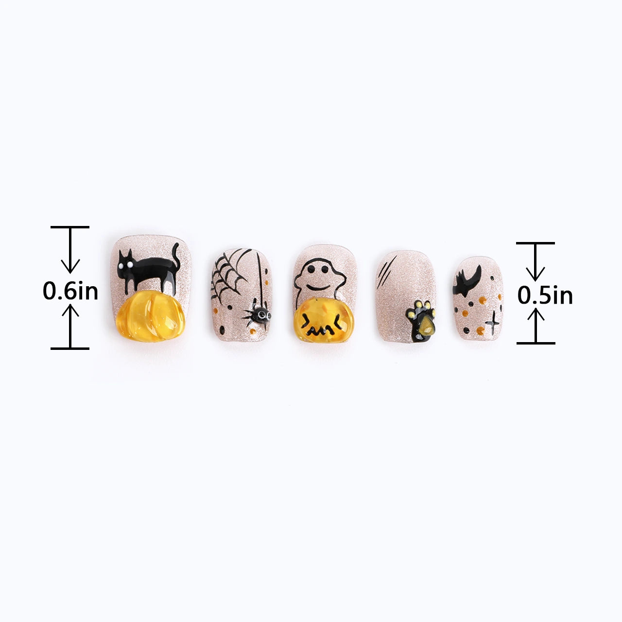 Square Short Acrylic Nails Glossy Sparkling with Pumpkin Bat Length