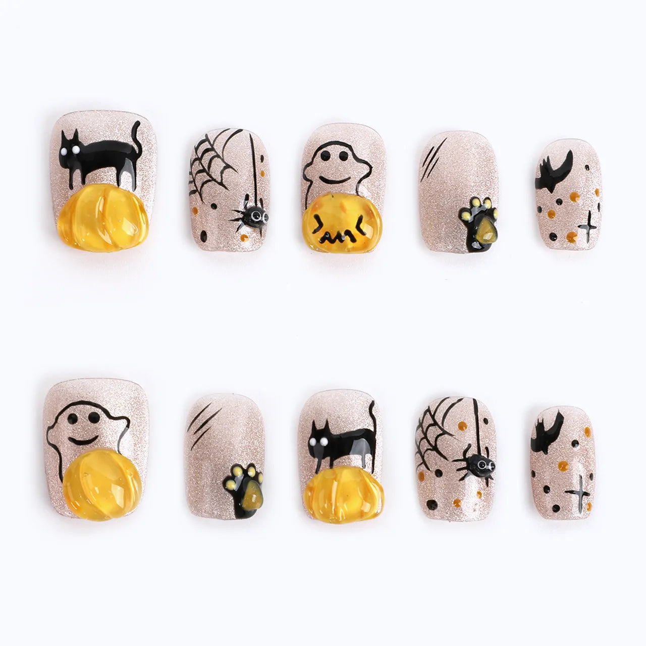 Squoval short acrylic nails glossy sparkling with pumpkin bat