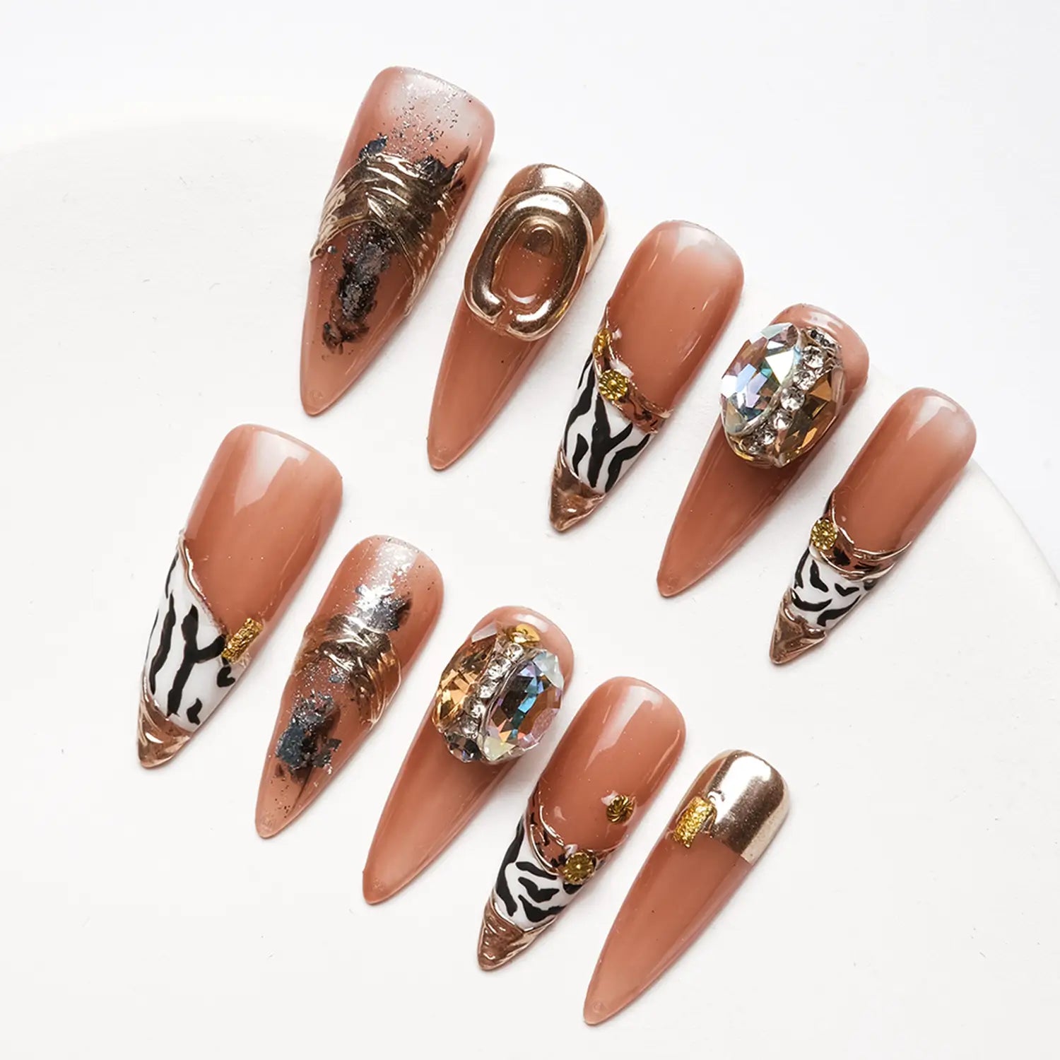 Stiletto 3D Acrylic Nails with Gold Decoration and Rhinestones
