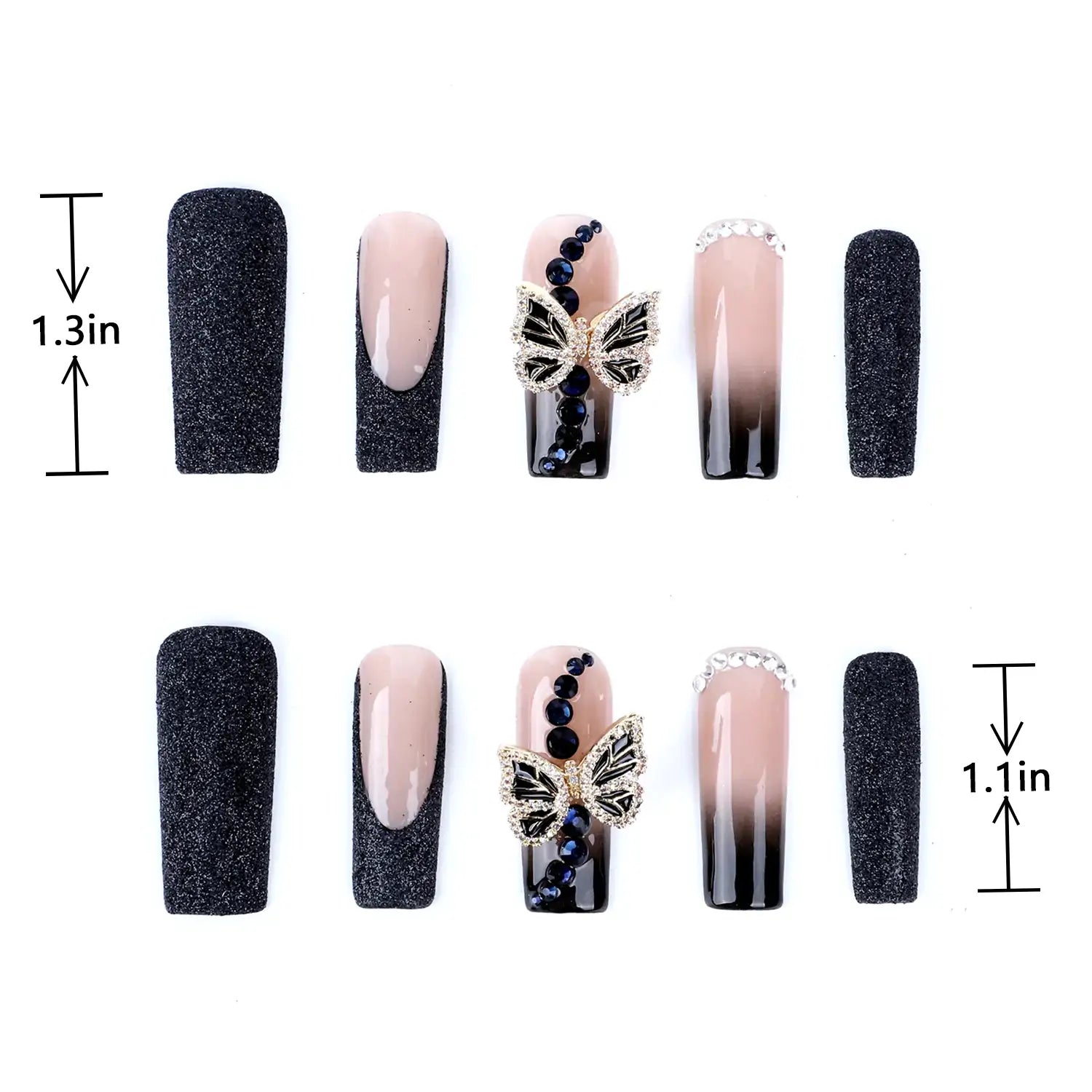 Length Measurement for Press on Nails French Tip Black Ombre Fake Nails Rhinestone Butterfly