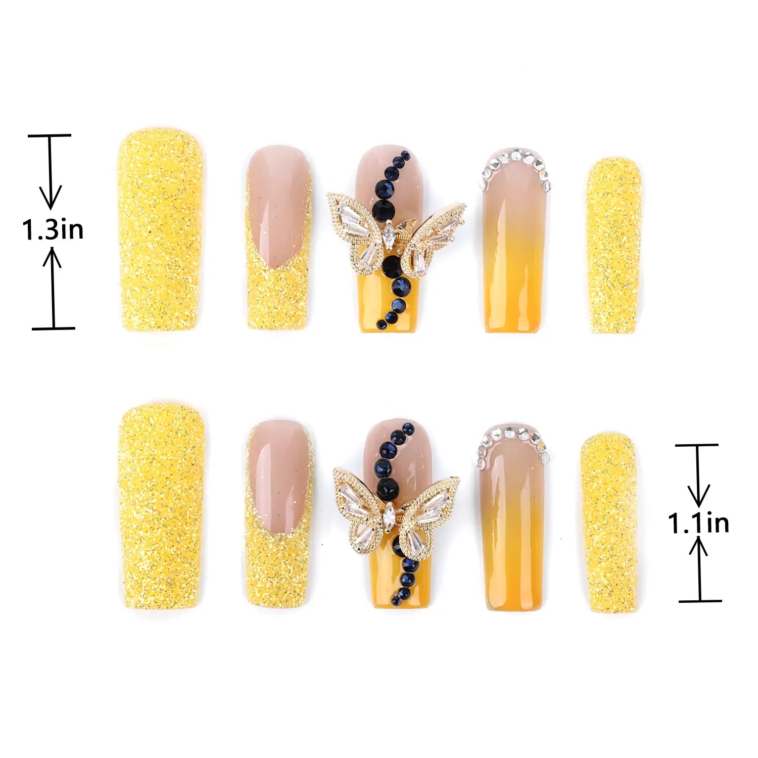 3D Nails Square Yellow French Tip with Butterfly Rhinestones length measurement chart showing length