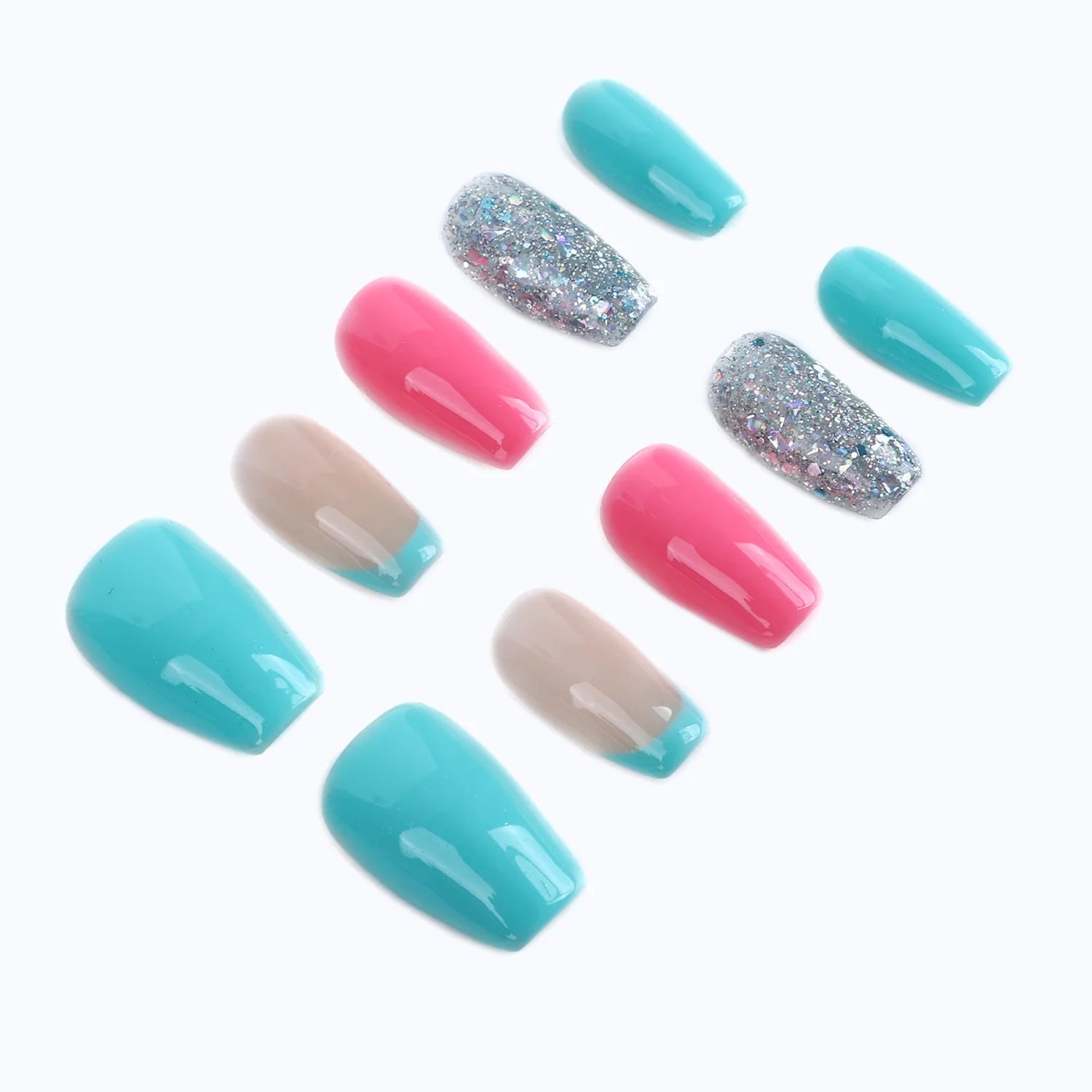 Press-on nails feature bright turquoise, soft nude, and vibrant pink colors combined 