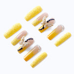 Yellow press on nails medium square fake nails glitter